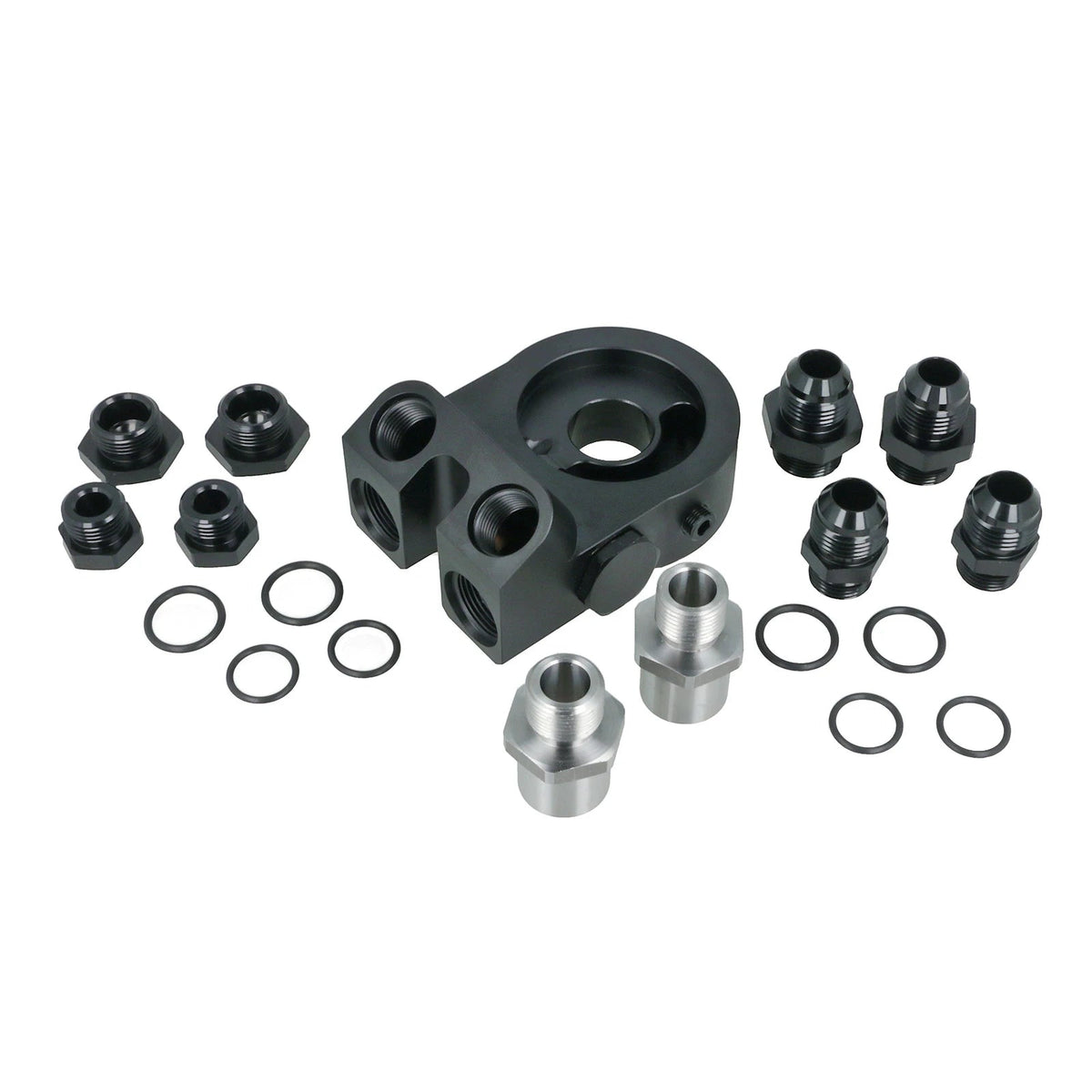 BOOST Products Billet Oil Filter Sandwich Plate Adapter  w/ Thermostat, black anodized